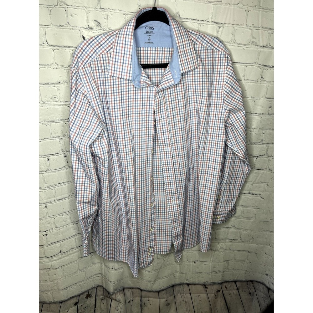 Chaps Coolmax Mens Slim Fit Plaid Dress‎ Shirt Blue Orange 17 32/33 XL